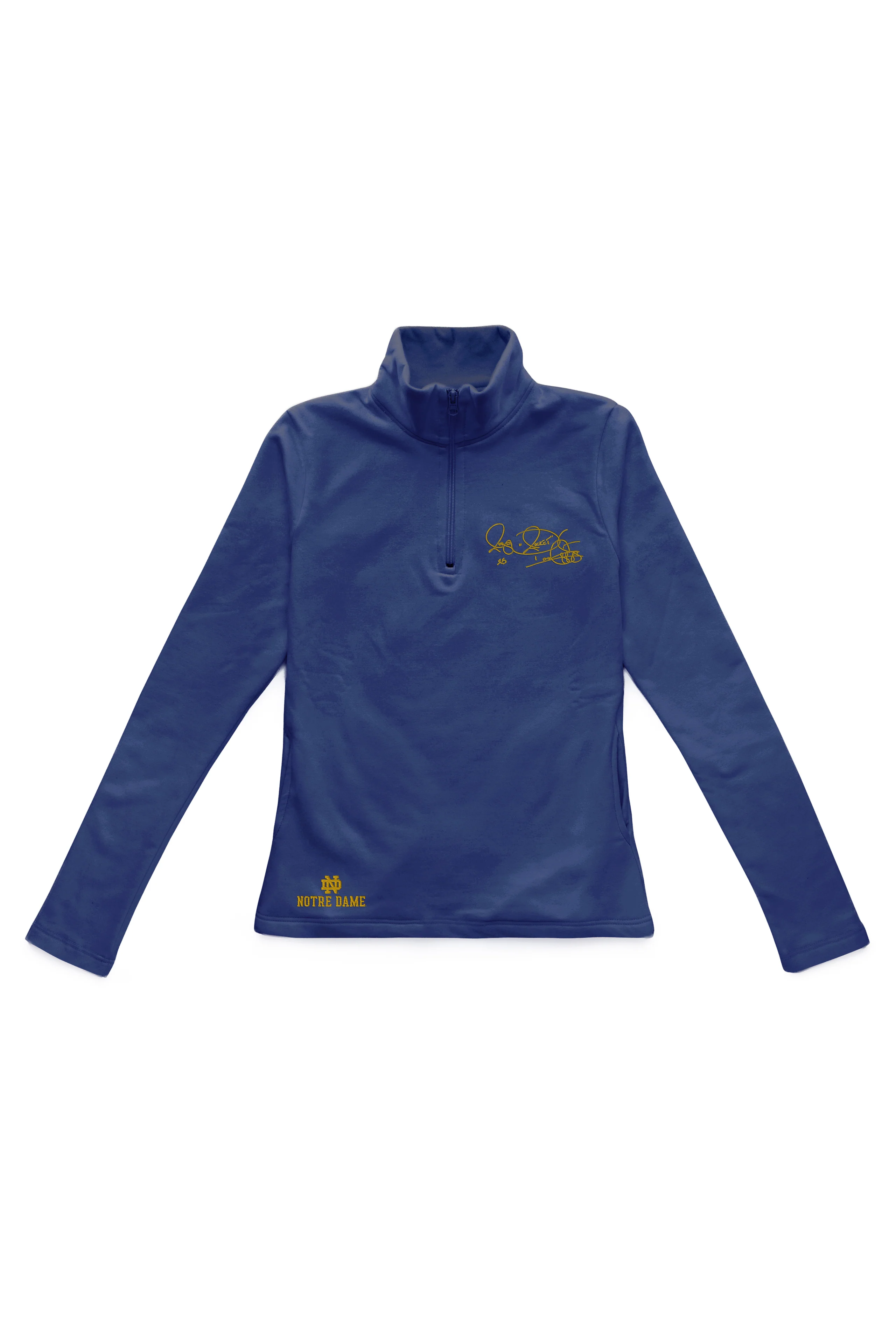 Women’s Notre Dame pullover in blue with Rocket Ismail embroidered signature in gold — officially licensed Fighting Irish sweatshirt.