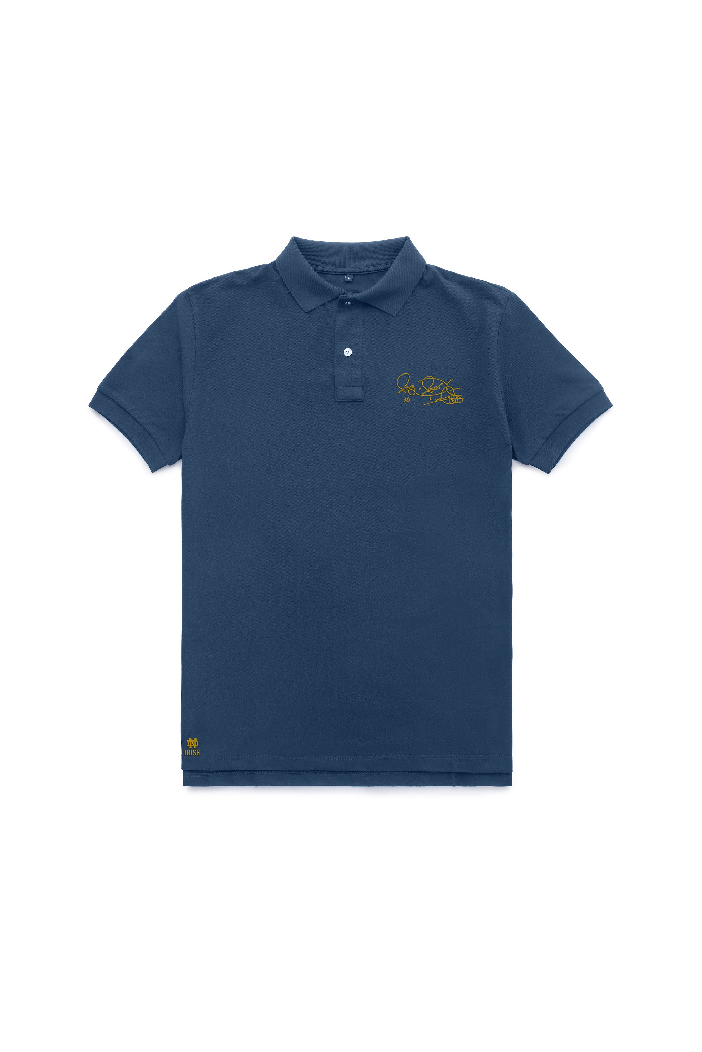 Men’s short sleeve Notre Dame polo in blue with Rocket Ismail signature in gold — Fighting Irish campus classic.