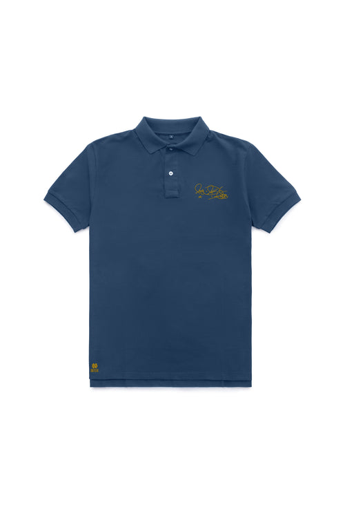 Men’s short sleeve Notre Dame polo in blue with Rocket Ismail signature in gold — Fighting Irish campus classic.