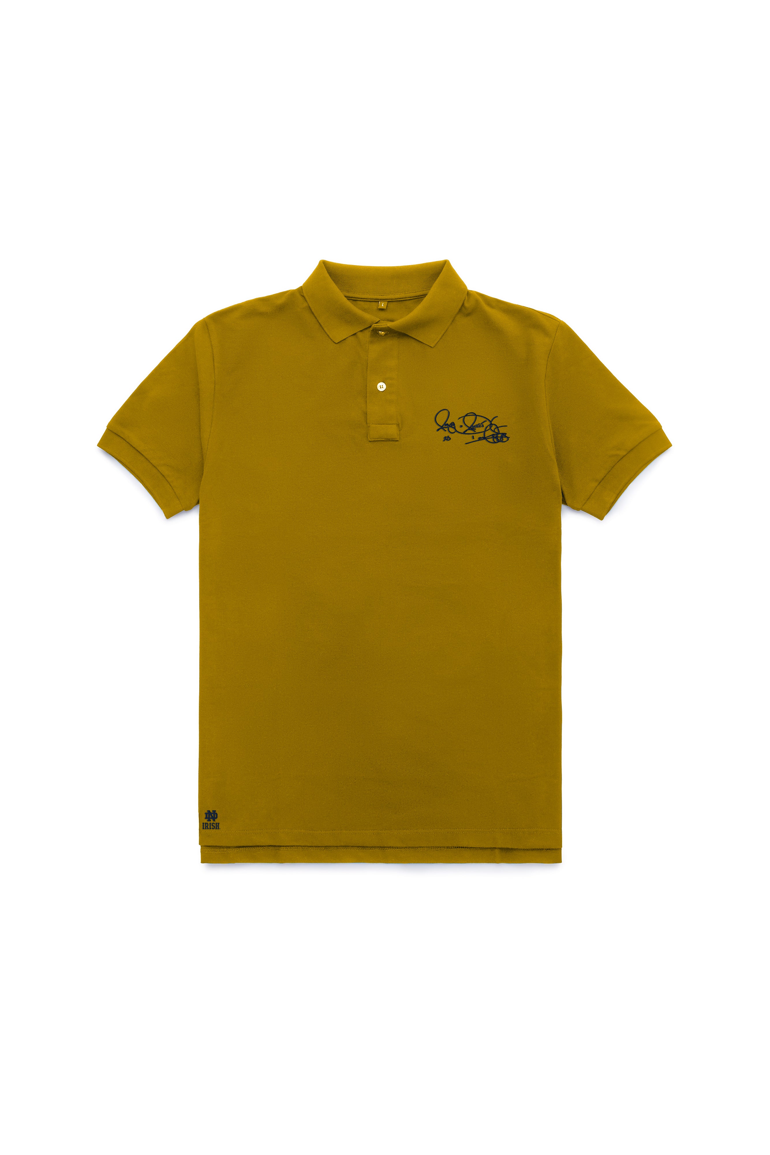 Men’s short sleeve Notre Dame polo in gold with Rocket Ismail signature in blue — Fighting Irish campus classic.