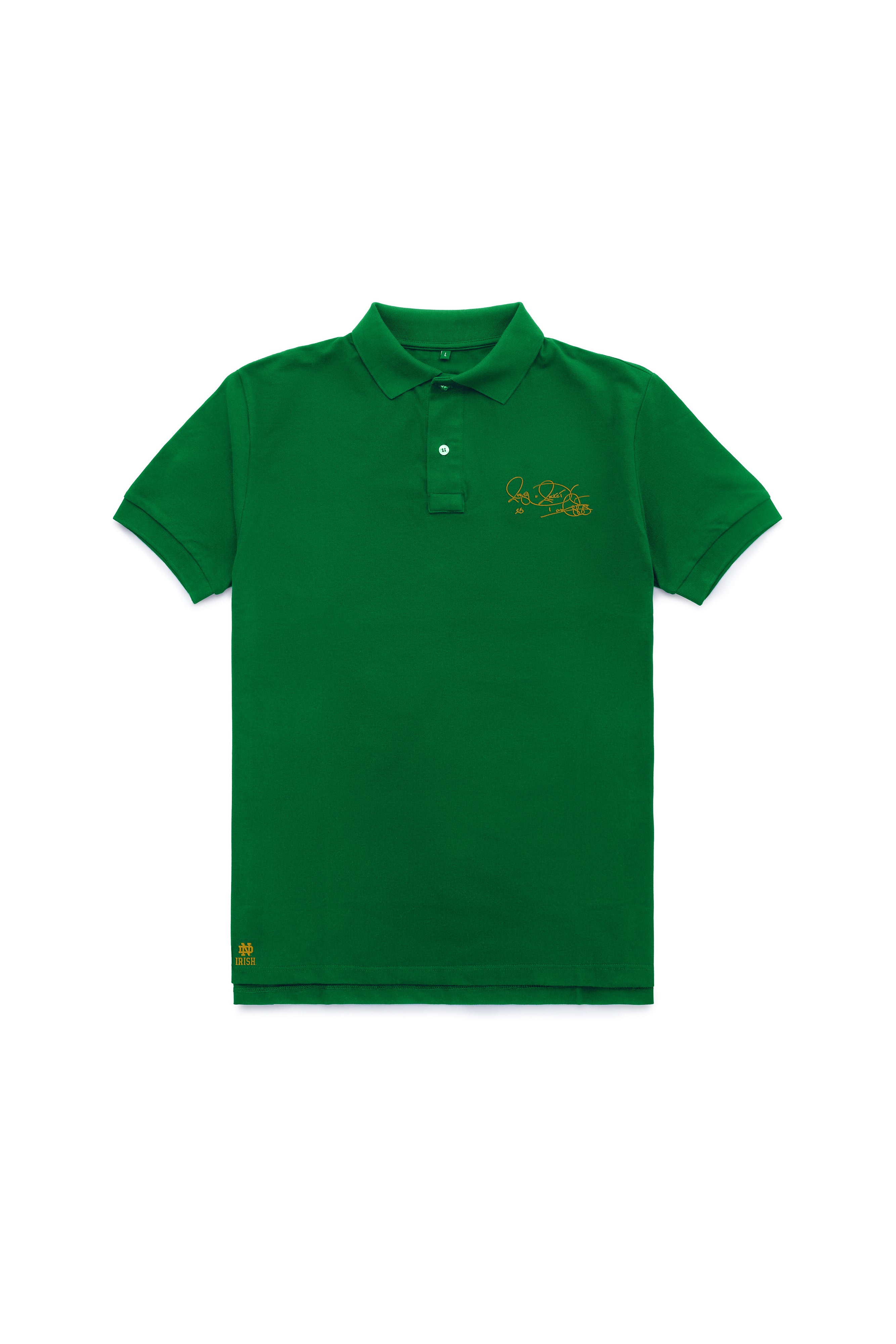 Men’s short sleeve Notre Dame polo in green with Rocket Ismail signature in gold — Fighting Irish campus classic.