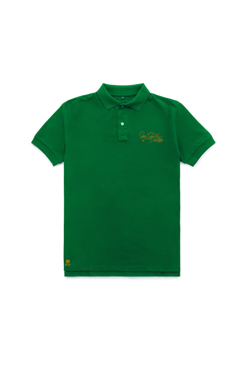 Men’s short sleeve Notre Dame polo in green with Rocket Ismail signature in gold — Fighting Irish campus classic.