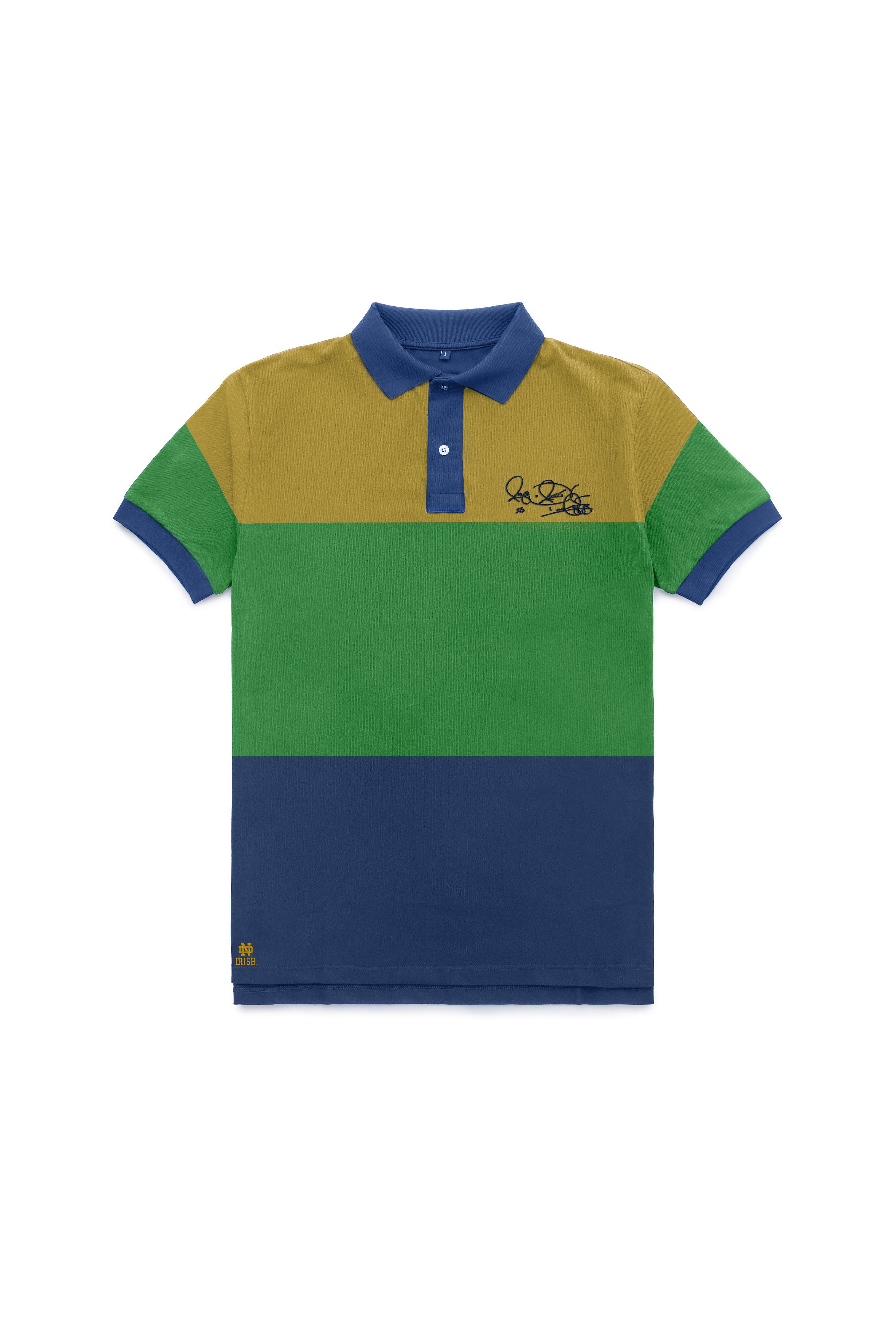Men’s short sleeve Notre Dame polo in Homefield Stripe with Rocket Ismail signature in blue — Fighting Irish campus classic.