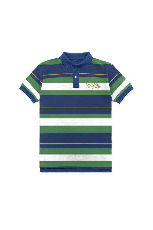 Men’s short sleeve Notre Dame polo in Legacy Stripe with Rocket Ismail signature in gold — Fighting Irish campus classic.