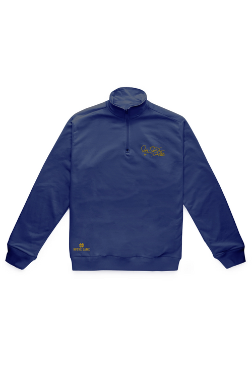 Men’s Notre Dame pullover in blue with Rocket Ismail embroidered signature in gold — officially licensed Fighting Irish sweatshirt.