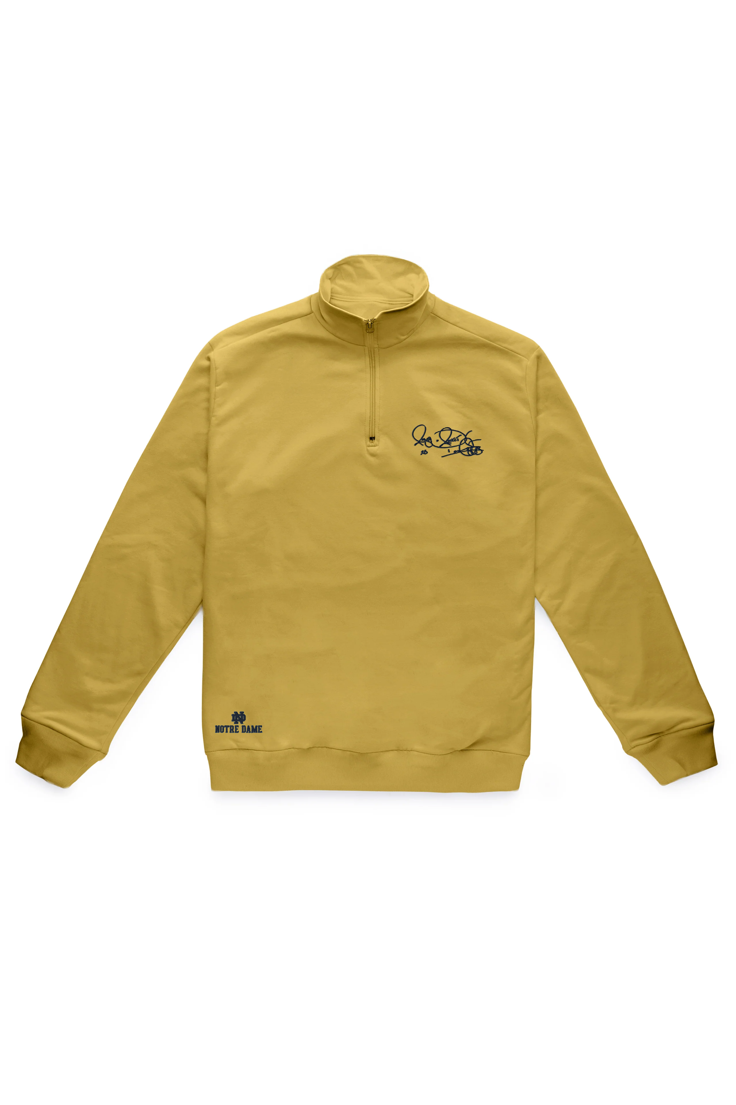 Men’s Notre Dame pullover in Gold with Rocket Ismail embroidered signature in blue — officially licensed Fighting Irish sweatshirt.