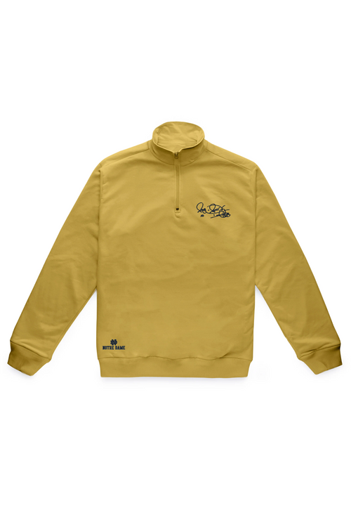 Men’s Notre Dame pullover in Gold with Rocket Ismail embroidered signature in blue — officially licensed Fighting Irish sweatshirt.