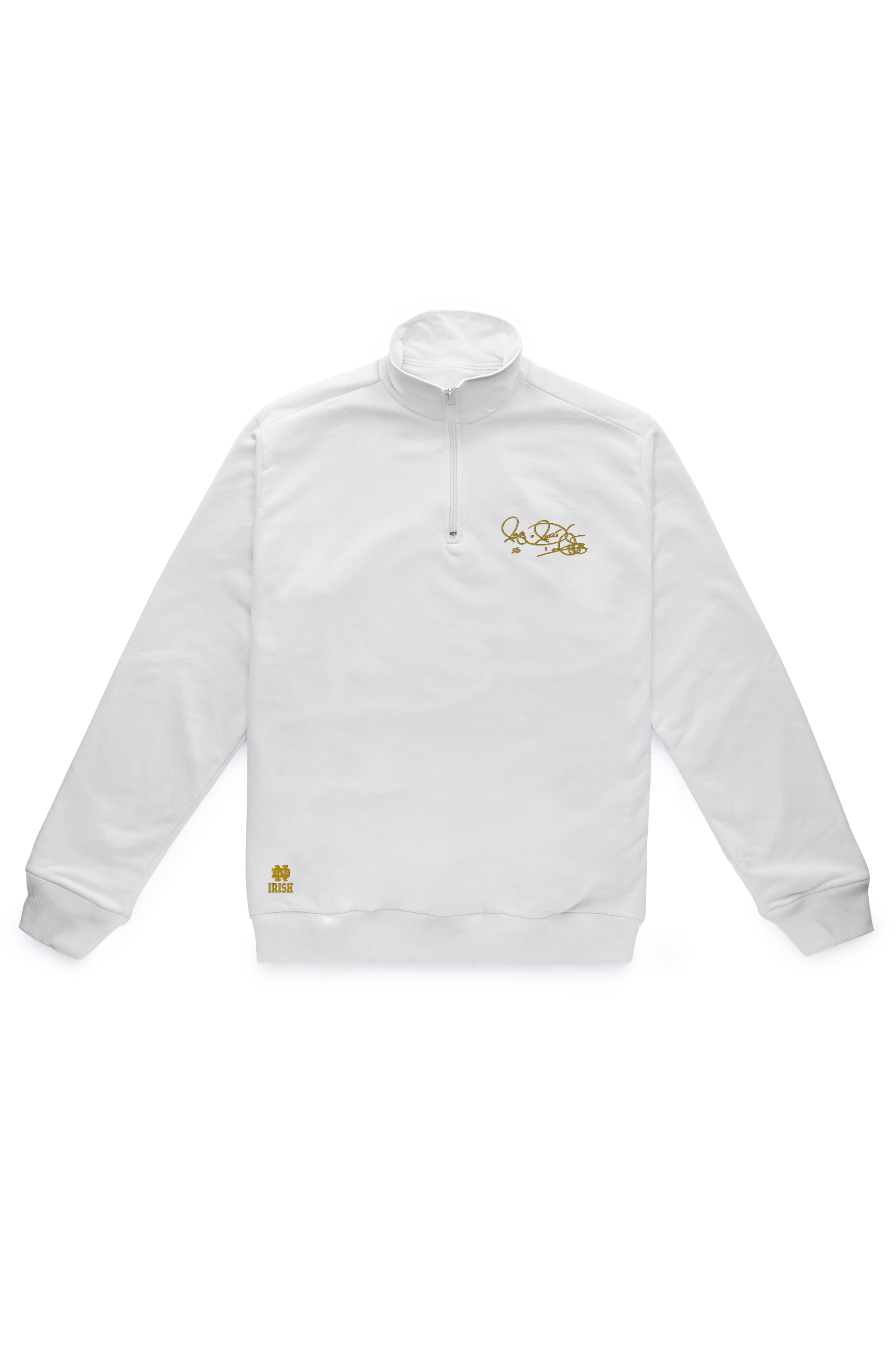 Men’s Notre Dame quarter zip pullover in white with Rocket Ismail embroidered signature in gold — officially licensed Fighting Irish gear.