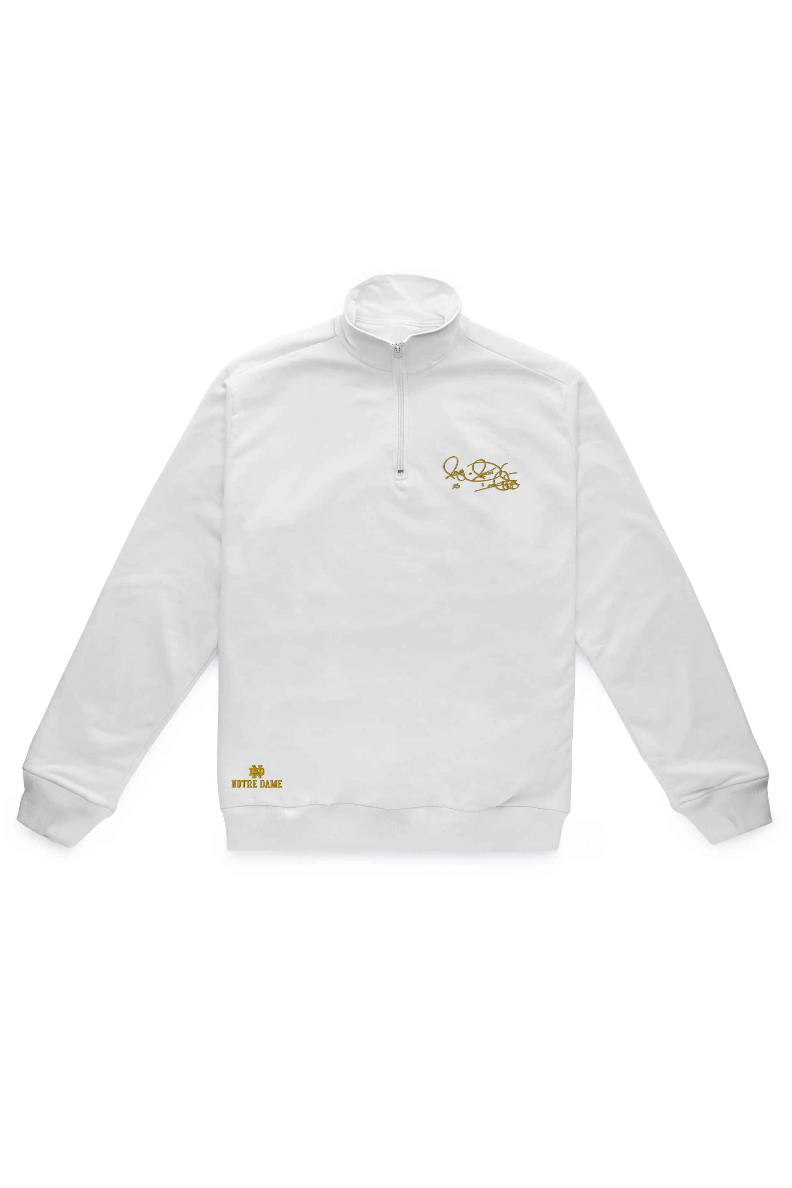 Men’s Notre Dame quarter zip pullover in white with Rocket Ismail embroidered signature in gold — officially licensed Fighting Irish gear.