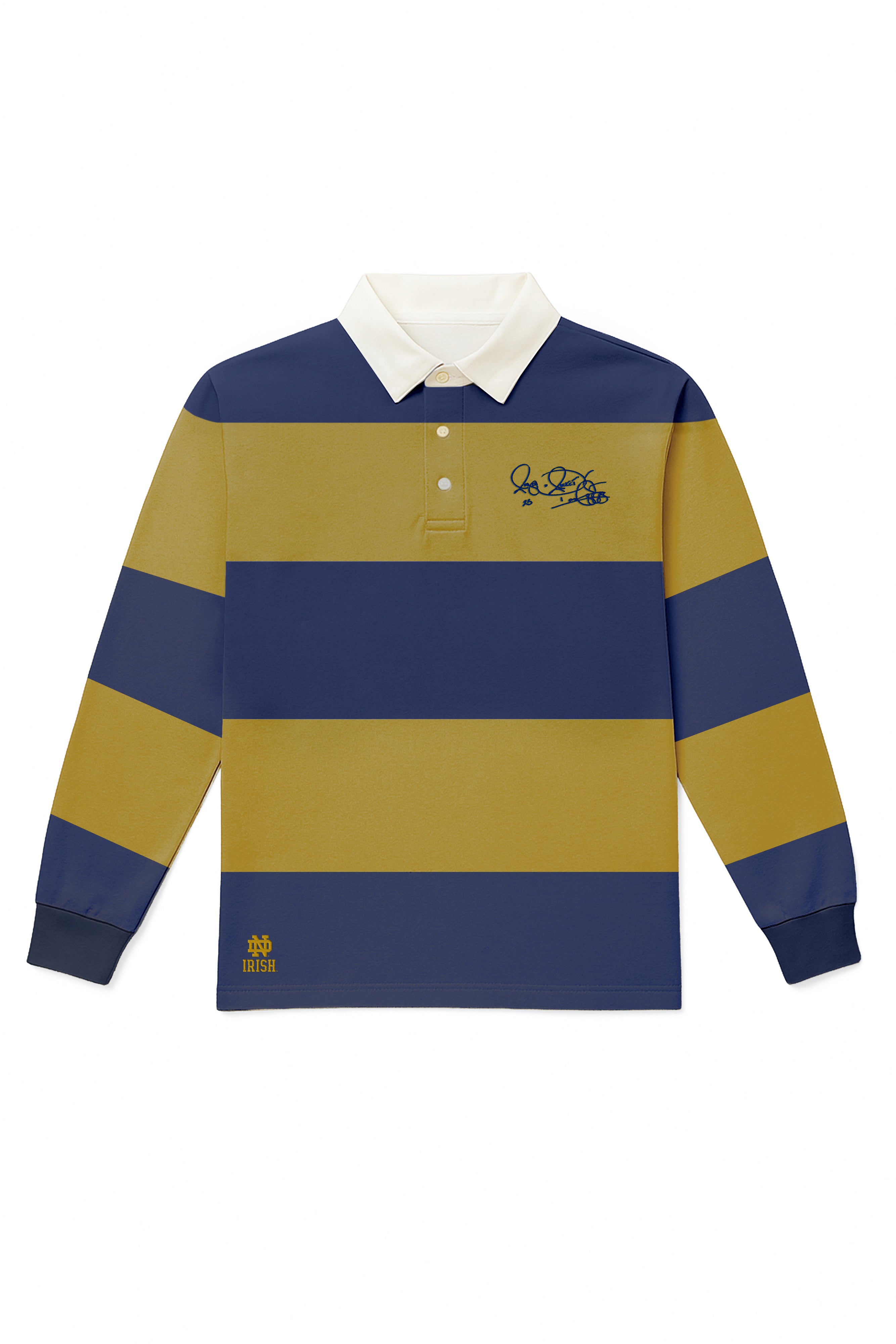 Men’s Notre Dame rugby shirt in Homefield Stripe with Rocket Ismail embroidered signature in blue — Fighting Irish gameday campus classic.