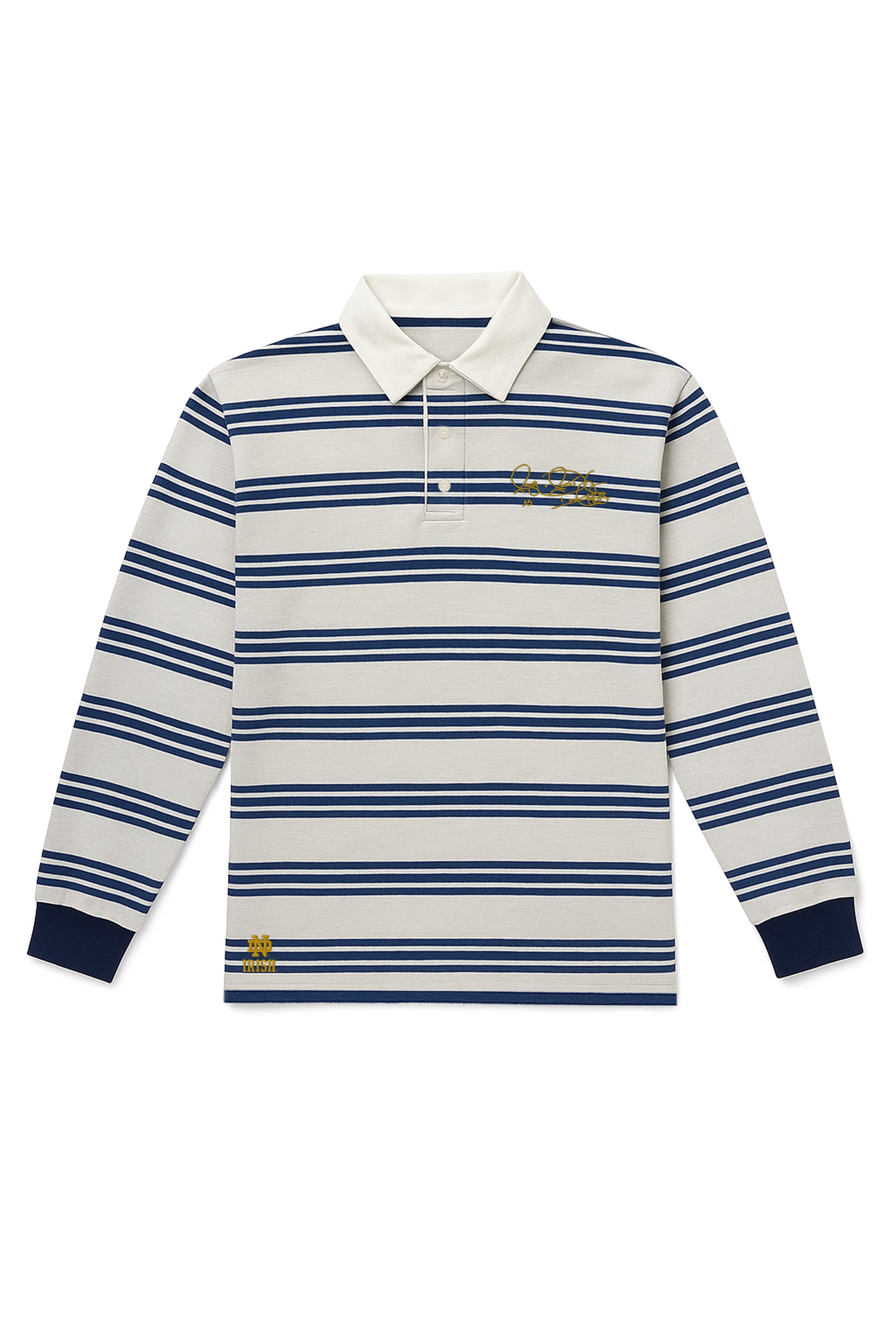 Men’s Notre Dame rugby shirt in Tradition Stripe with Rocket Ismail embroidered signature in gold — Fighting Irish gameday campus classic.