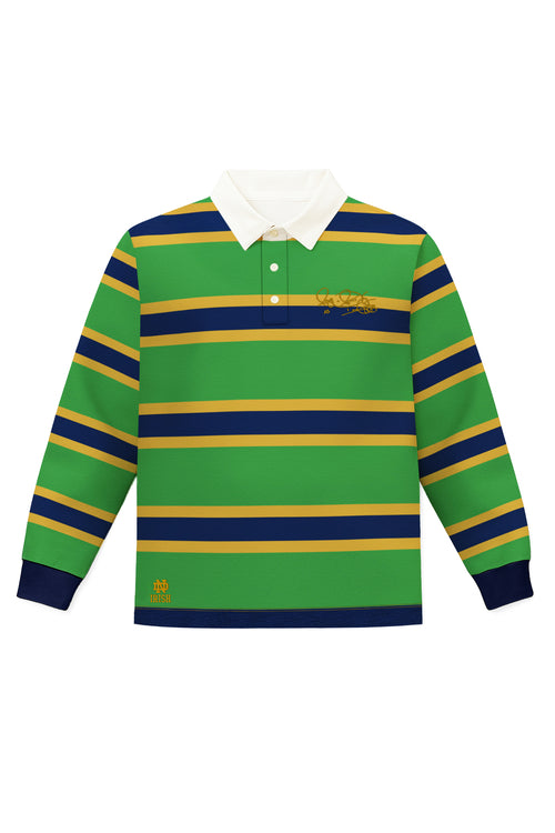Men’s Notre Dame rugby shirt in Victory Stripe with Rocket Ismail embroidered signature in gold — Fighting Irish gameday campus classic.