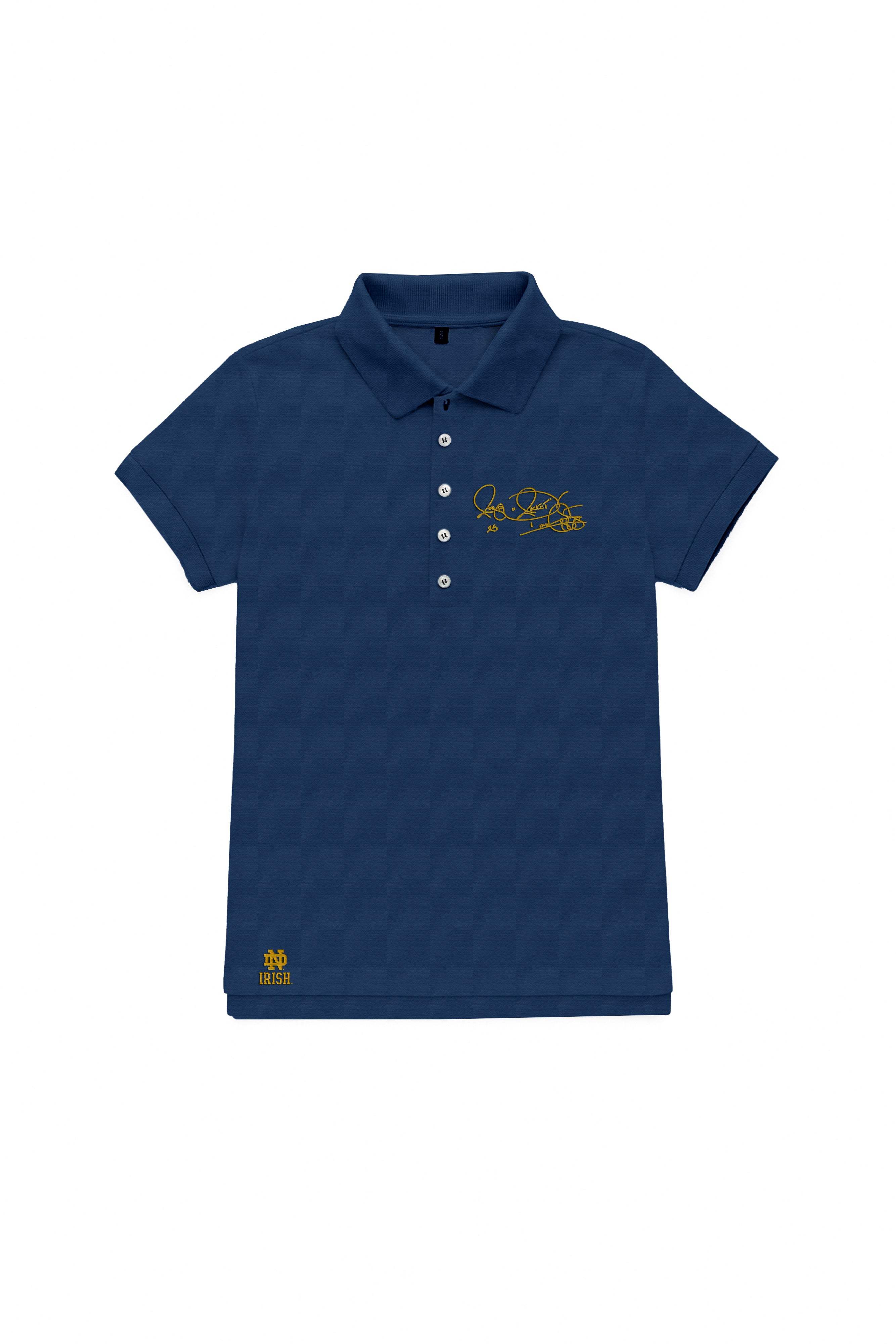 Women’s short sleeve Notre Dame polo in blue with Rocket Ismail signature in gold — Fighting Irish campus classic.