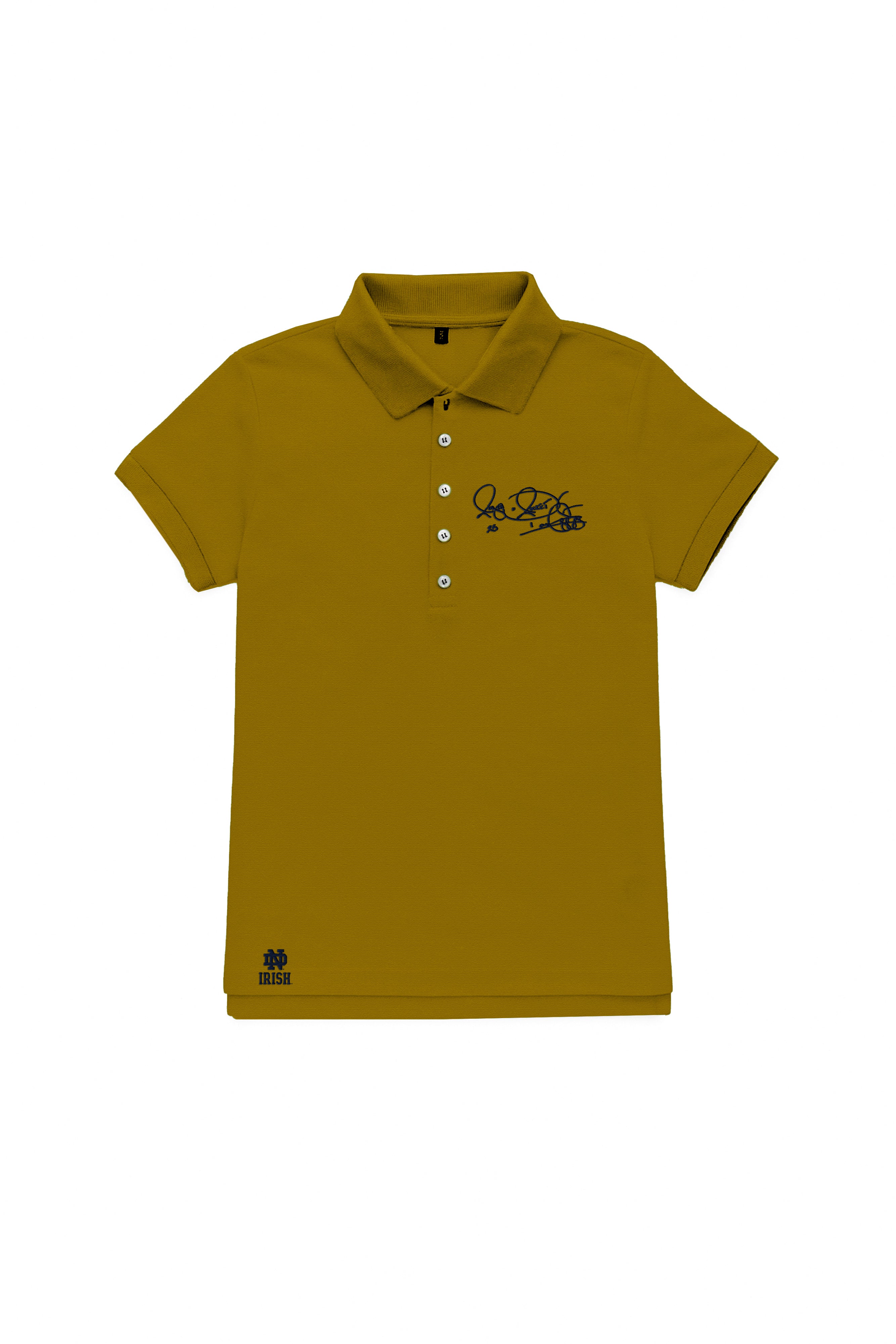 Women’s short sleeve Notre Dame polo in gold with Rocket Ismail signature in blue — Fighting Irish campus classic.