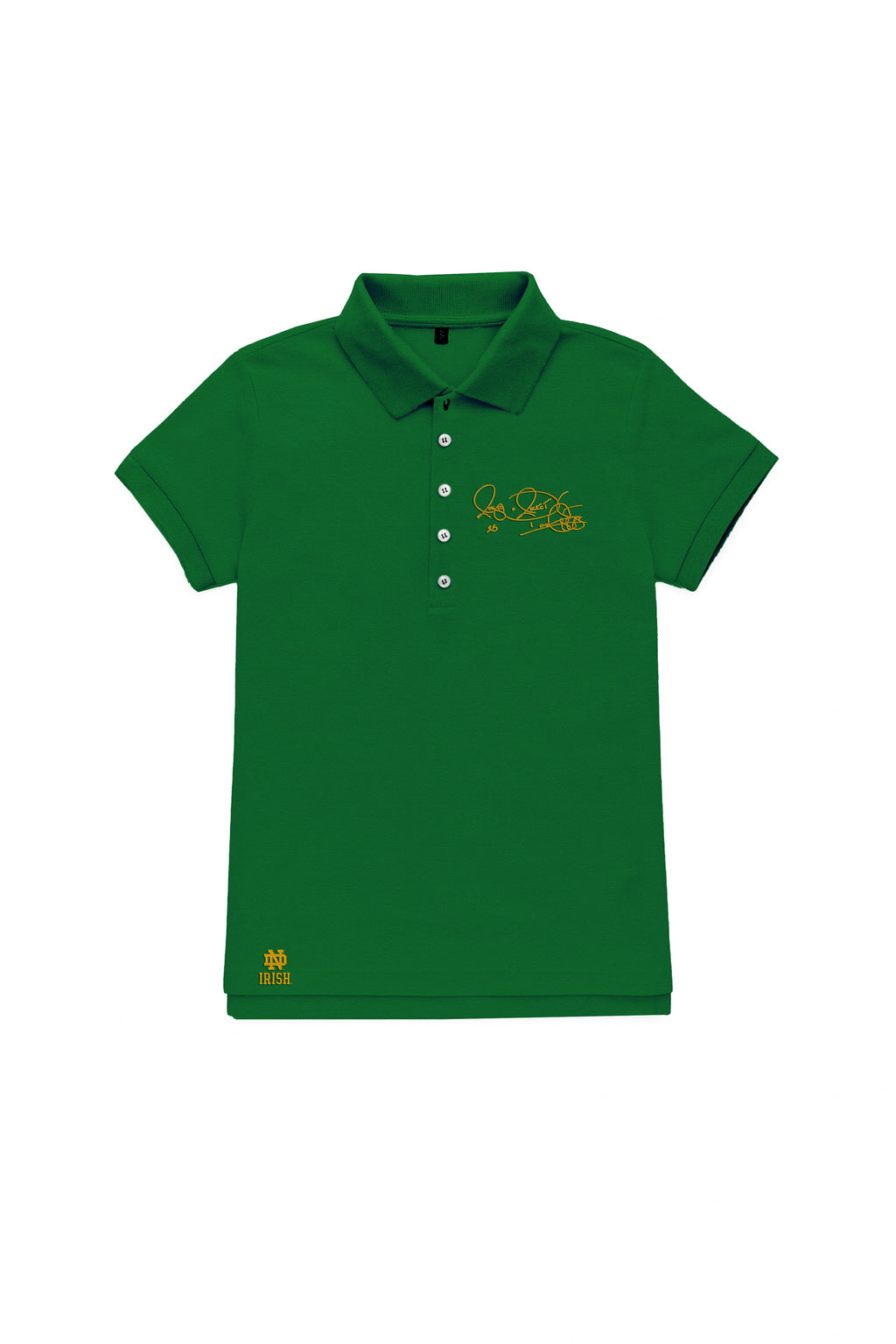 Women’s short sleeve Notre Dame polo in green with Rocket Ismail signature in gold — Fighting Irish campus classic.