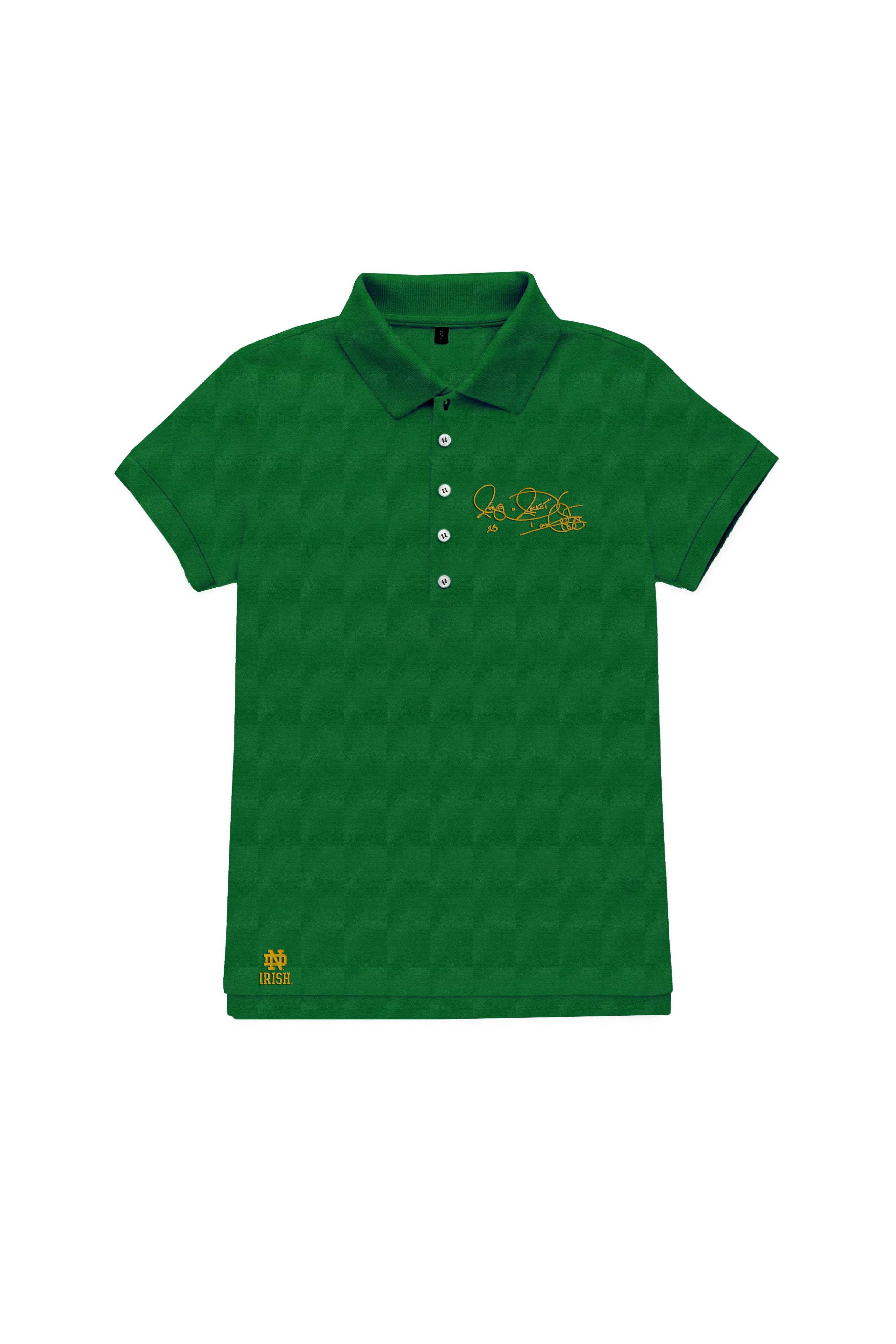 Women’s short sleeve Notre Dame polo in green with Rocket Ismail signature in gold — Fighting Irish campus classic.