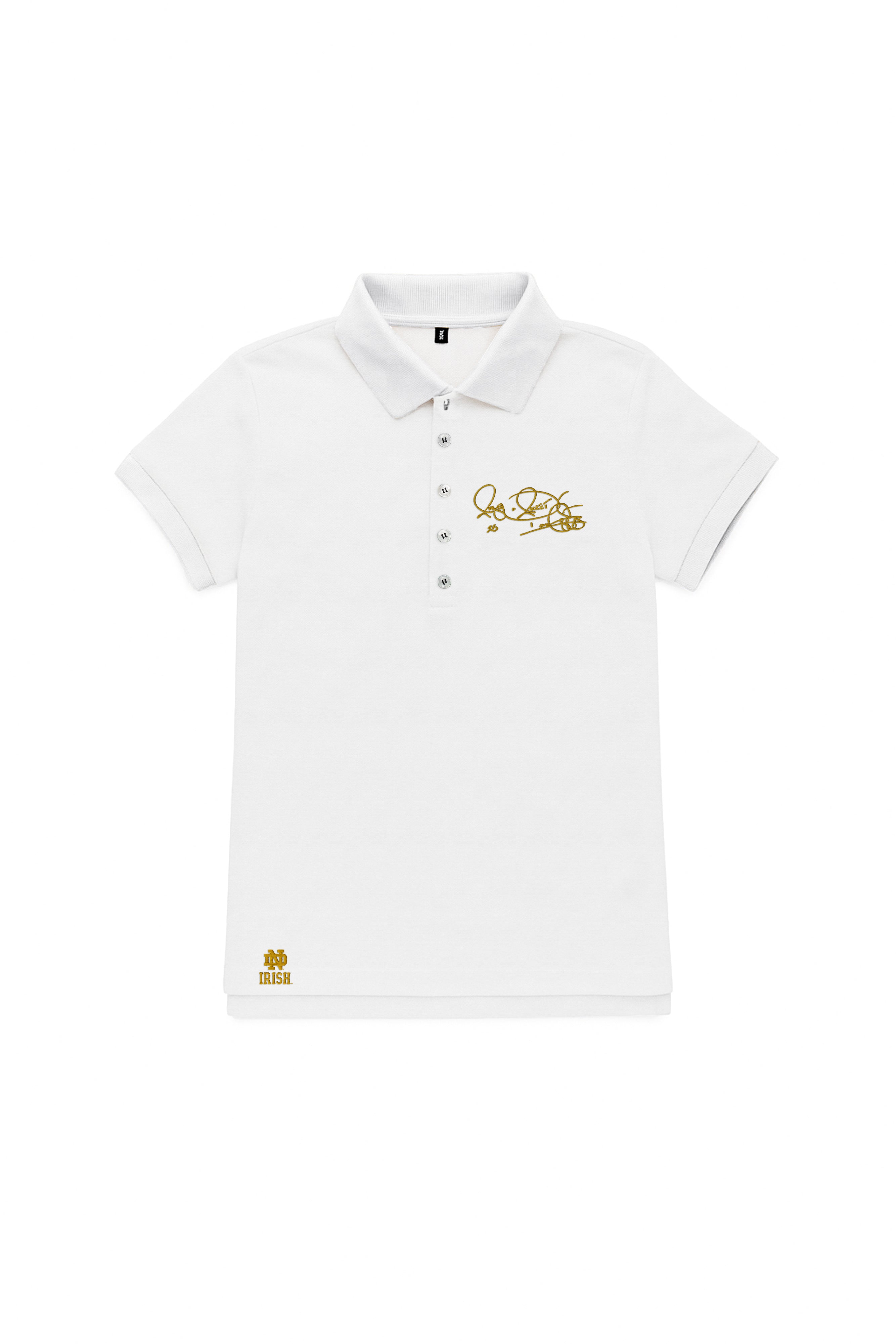 Women’s short sleeve Notre Dame polo in grey with Rocket Ismail signature in gold — Fighting Irish campus classic.