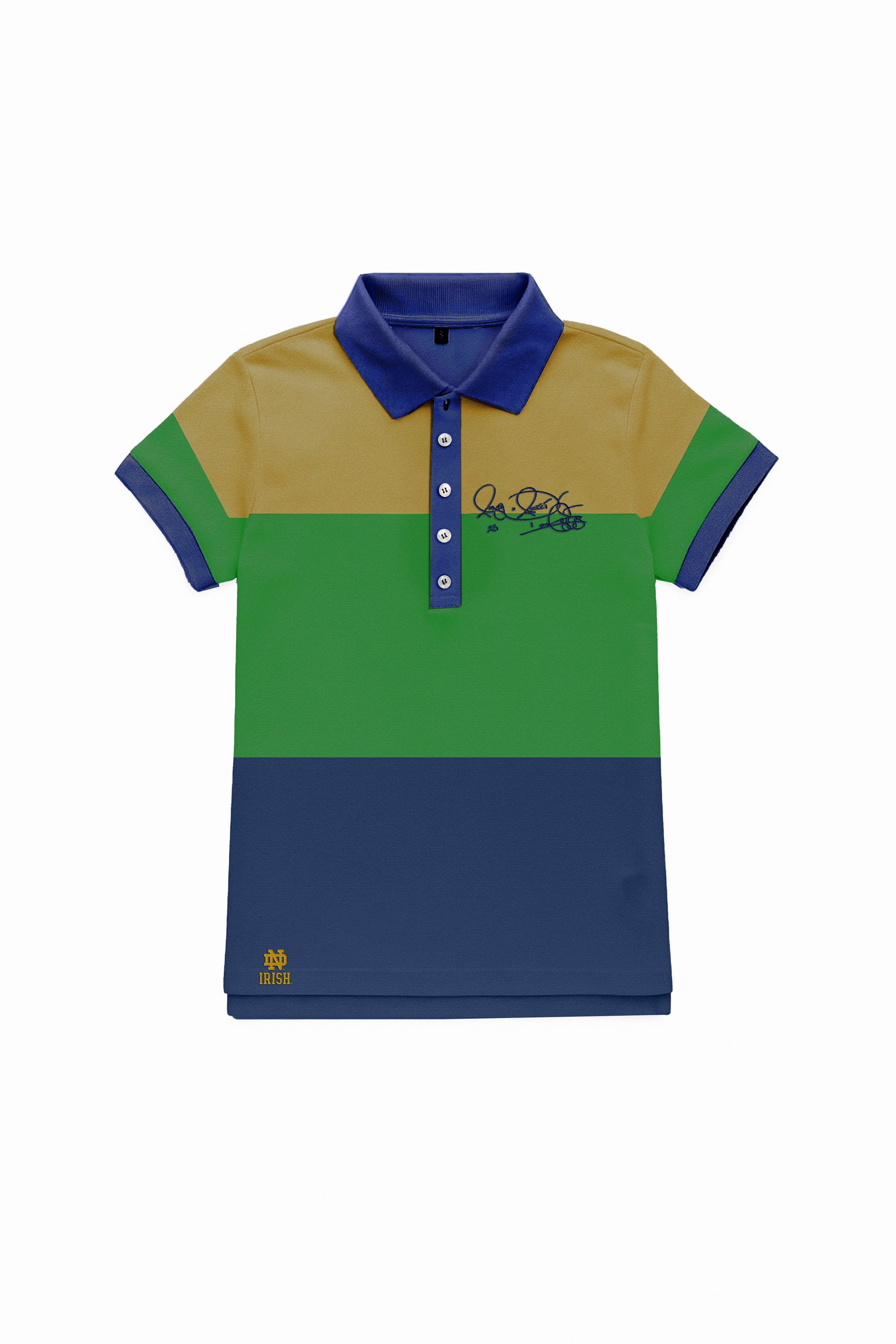 Women’s short sleeve Notre Dame polo in Heritage Stripe with Rocket Ismail signature in Blue — Fighting Irish campus classic.