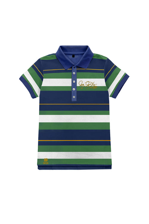 Women’s short sleeve Notre Dame polo in Legacy Stripe with Rocket Ismail signature in gold — Fighting Irish campus classic.