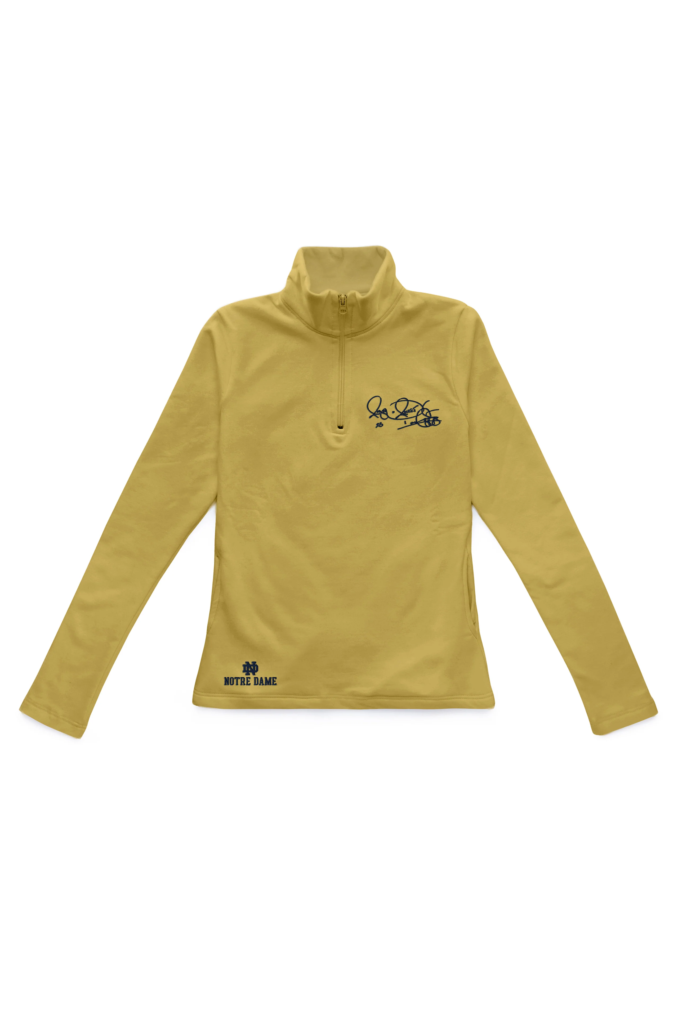women’s Notre Dame pullover in gold with Rocket Ismail embroidered signature in blue — officially licensed Fighting Irish sweatshirt.