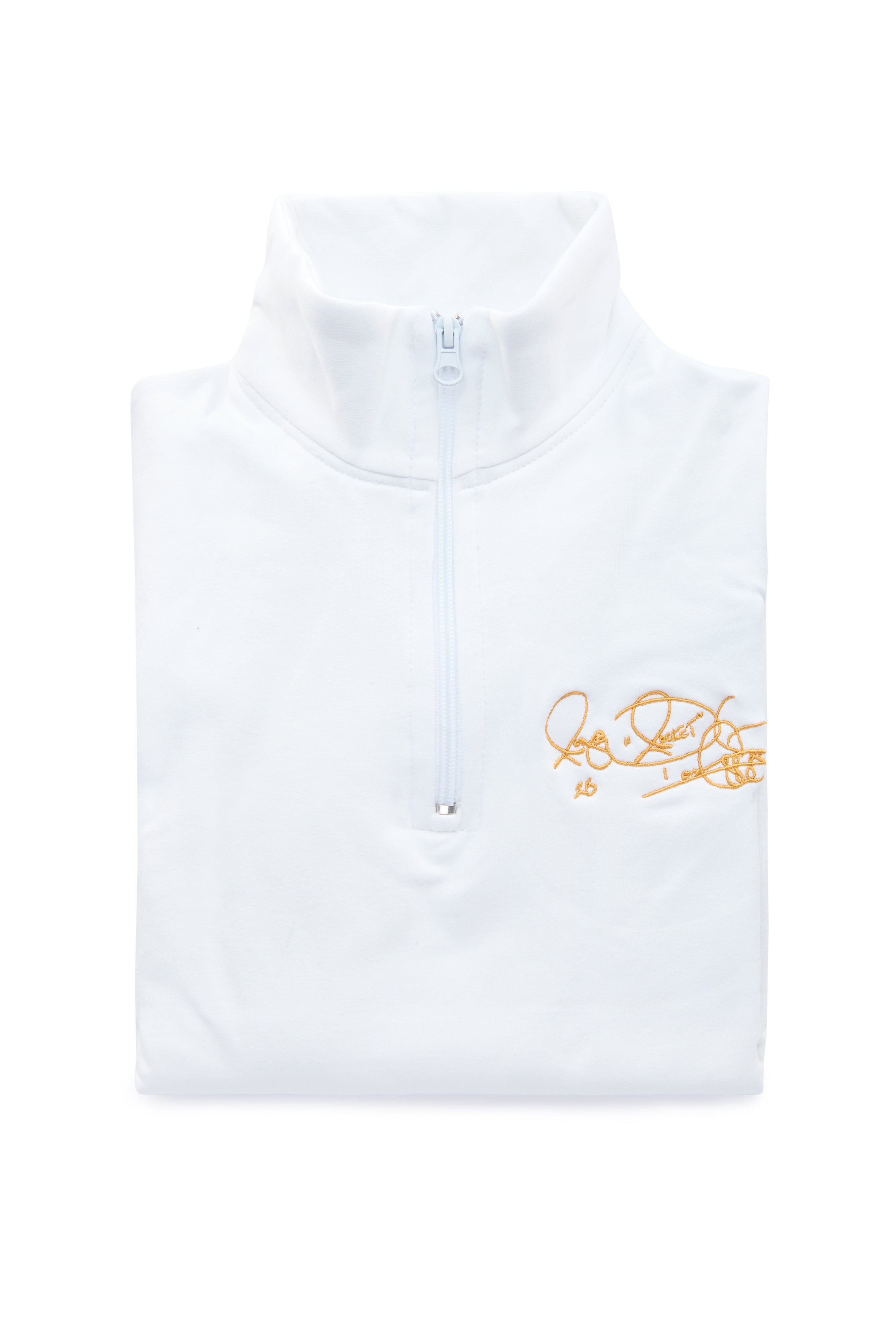 Women’s Notre Dame pullover in white with Rocket Ismail embroidered signature in gold — officially licensed Fighting Irish sweatshirt.