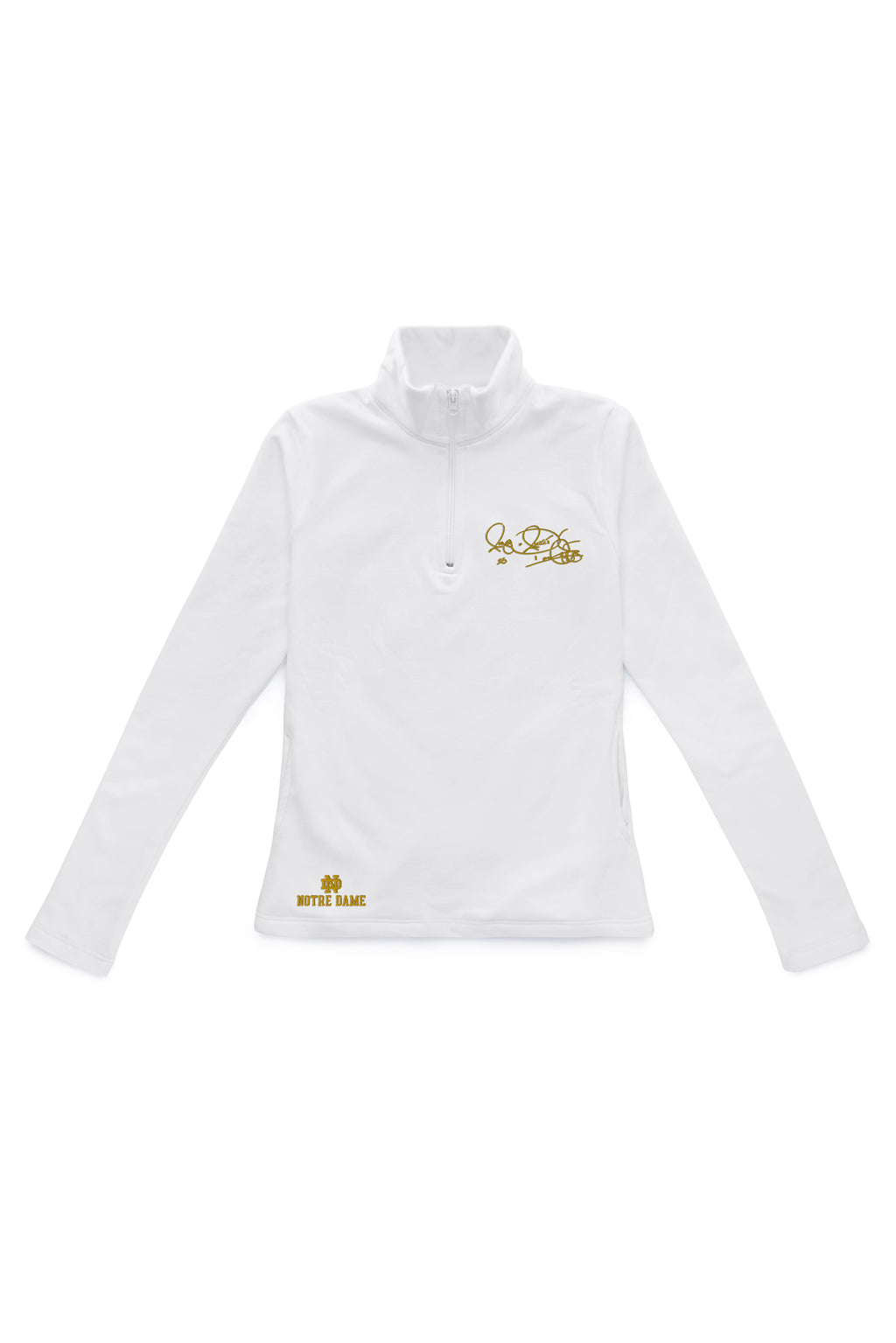 Women’s Notre Dame pullover in white with Rocket Ismail embroidered signature in gold — officially licensed Fighting Irish sweatshirt.