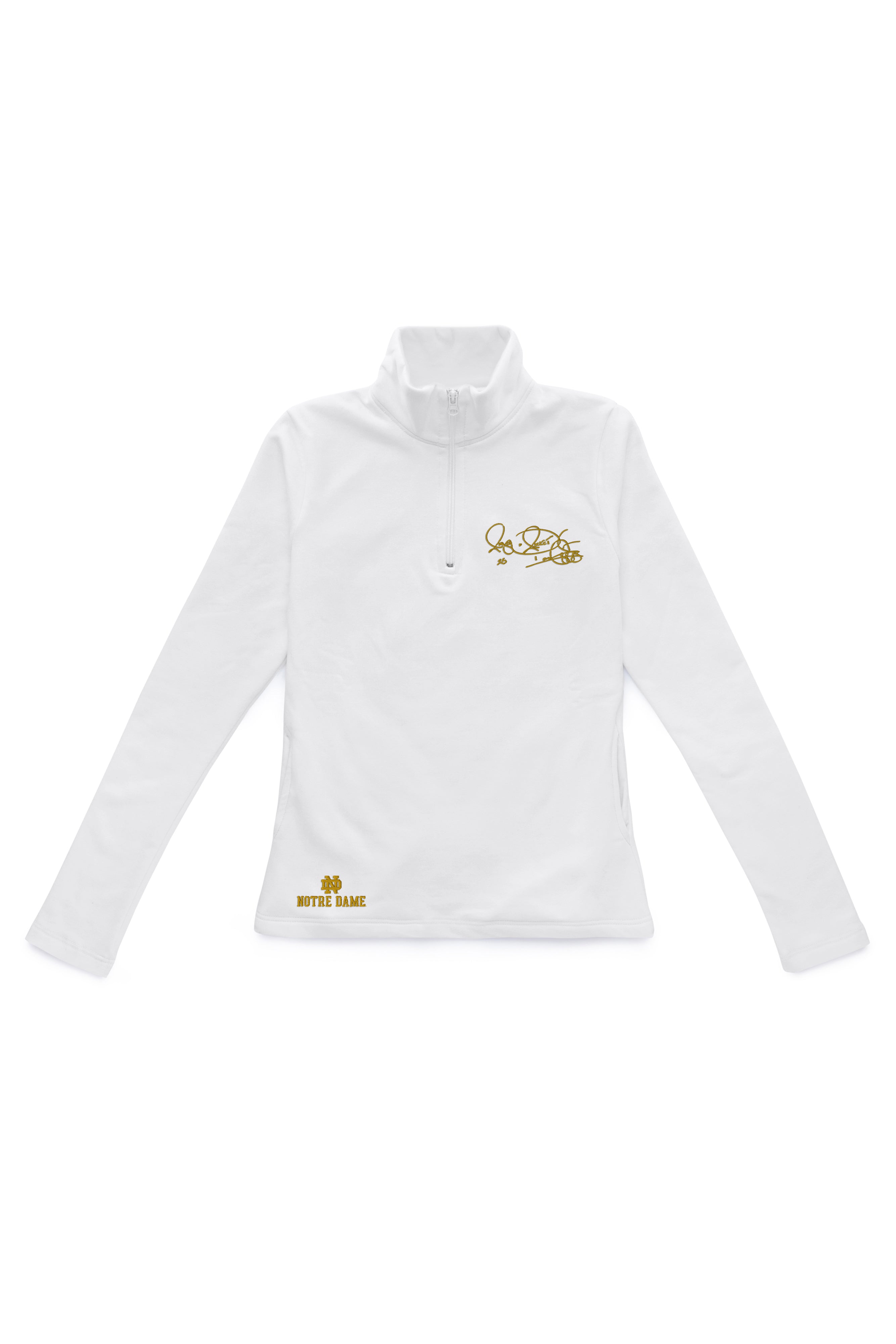 Women’s Notre Dame pullover in white with Rocket Ismail embroidered signature in gold — officially licensed Fighting Irish sweatshirt.