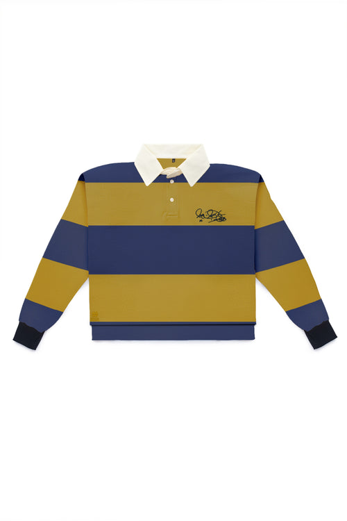Women’s Notre Dame rugby shirt in Homefield Stripe with Rocket Ismail signature in blue — officially licensed Fighting Irish long sleeve.