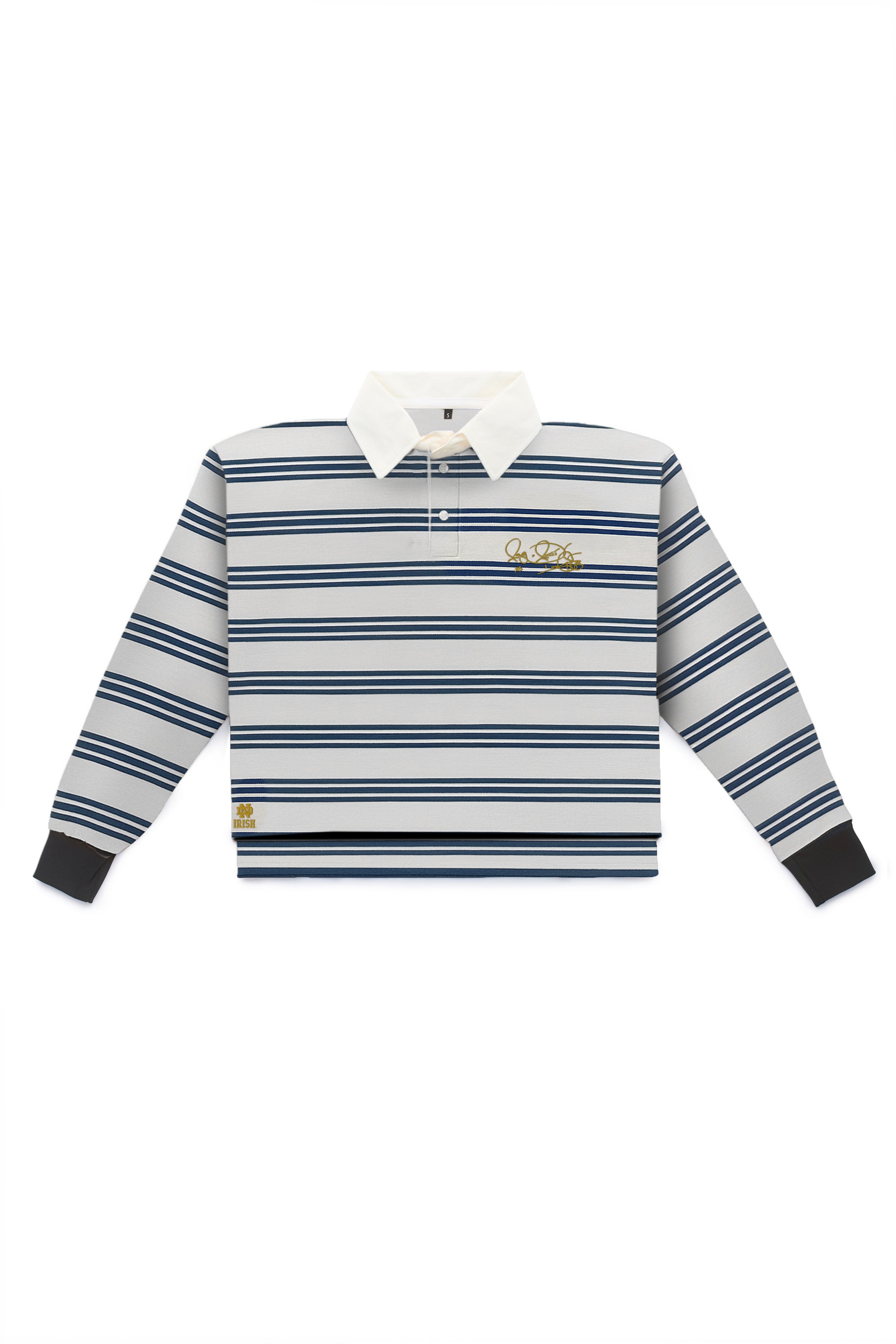 Women’s Notre Dame rugby shirt in Tradition Stripe with Rocket Ismail signature in gold — officially licensed Fighting Irish long sleeve.