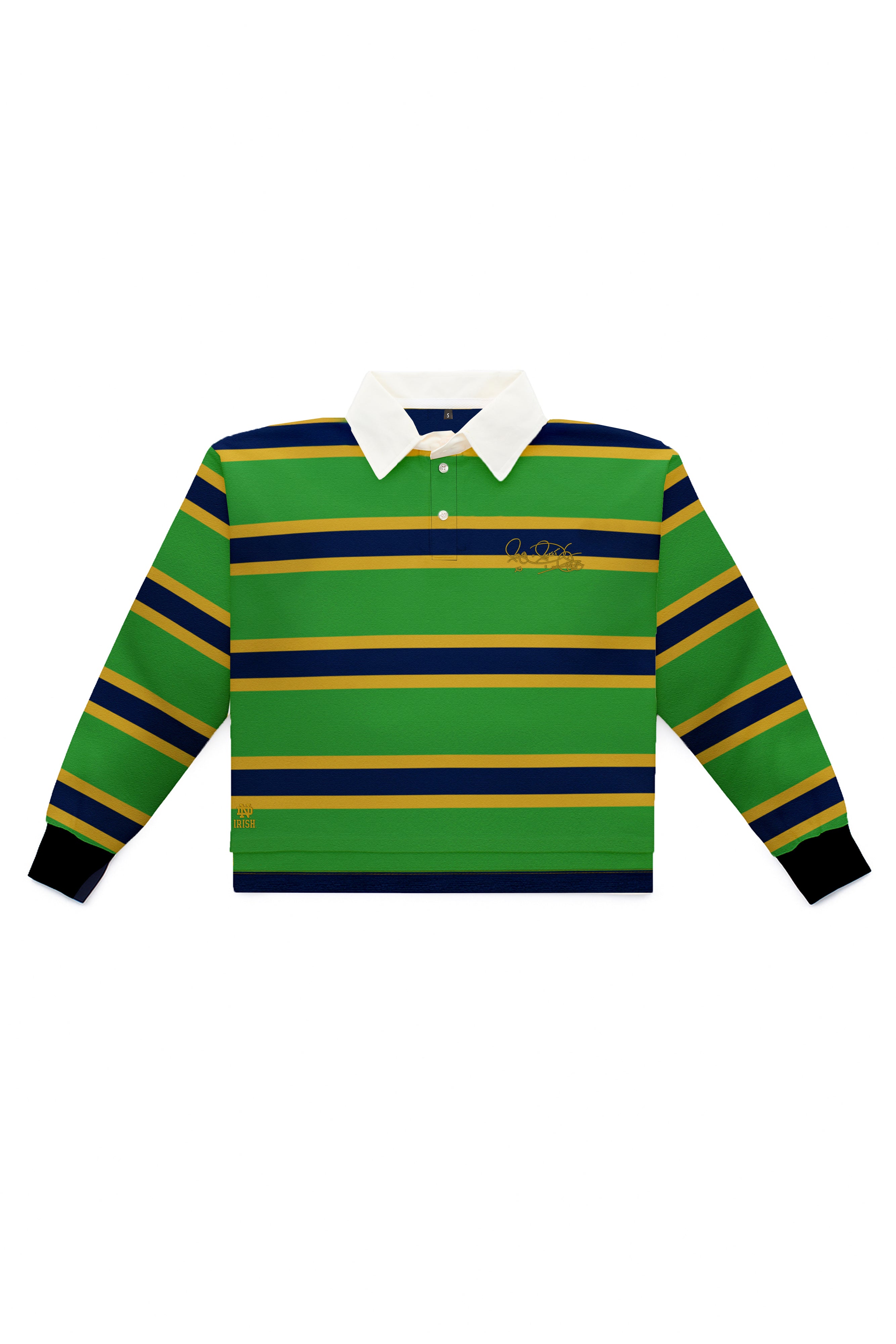 Women’s Notre Dame rugby shirt in Victory Stripe with Rocket Ismail signature in gold — officially licensed Fighting Irish long sleeve.